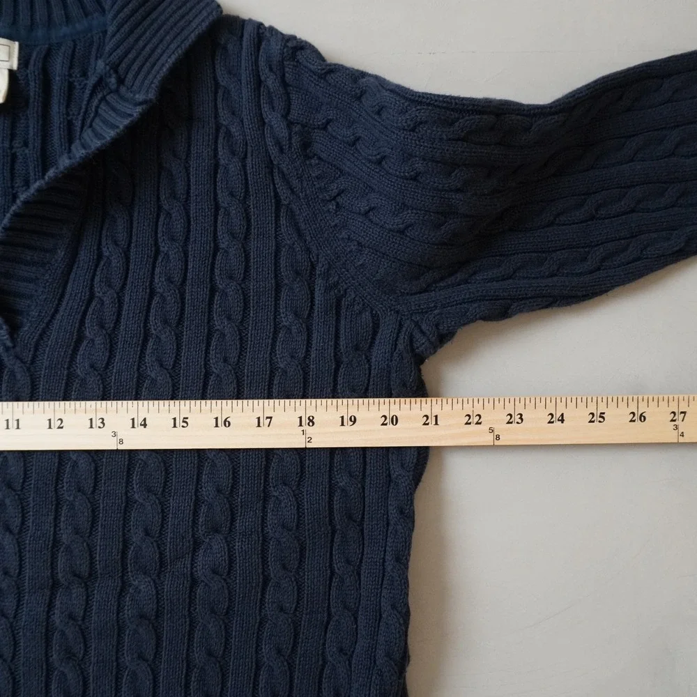 LL Bean Mens XL Navy Blue Cable Knit Cotton V-Neck Shawl Collar Sweater